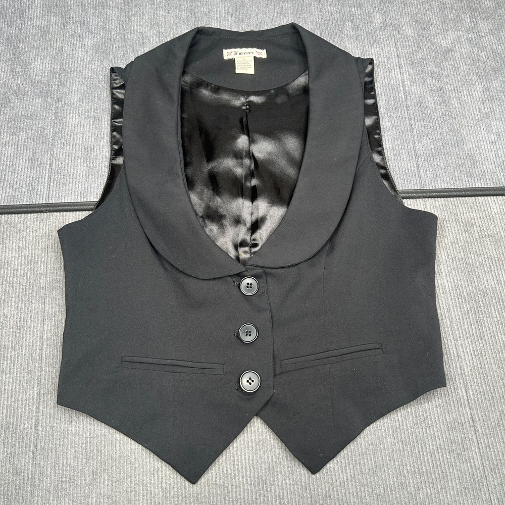 Forever 21 U5380 Black Shawl Lapel Waistcoat Vest Button Front Women Size M